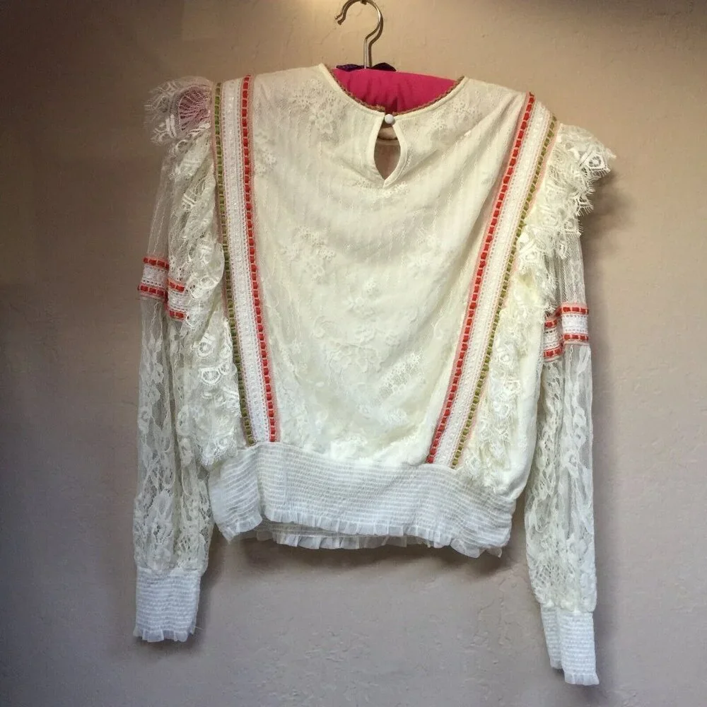 Anthropologie Blank London Embroidered Tali Lace Blouse Small Long Sleeve White